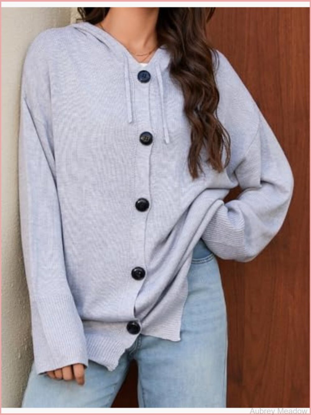 V Neck Button Down Hooded Knit Cardigan Long Sleeve Sweater - Picture 2 of 7